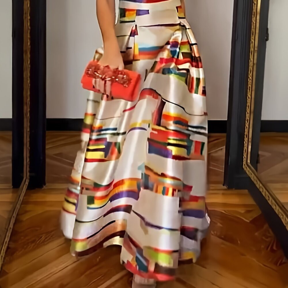 Elegant Boho Geometric Printed Maxi Dress - Boat Neck Sleeveless Backless - Picture 3 of 7